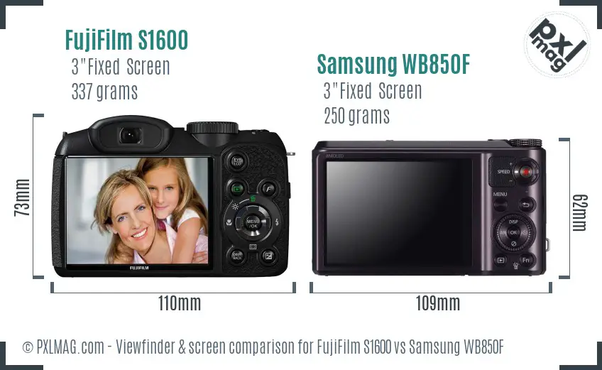 FujiFilm S1600 vs Samsung WB850F Screen and Viewfinder comparison