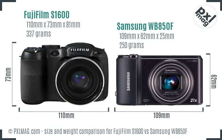 FujiFilm S1600 vs Samsung WB850F size comparison