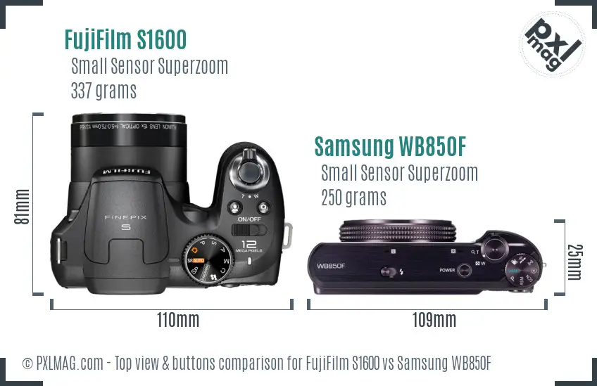 FujiFilm S1600 vs Samsung WB850F top view buttons comparison