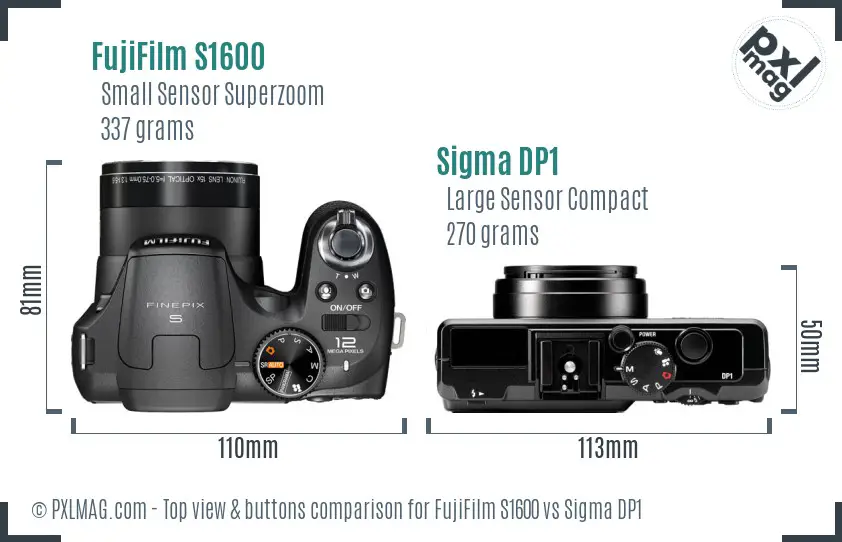 FujiFilm S1600 vs Sigma DP1 top view buttons comparison