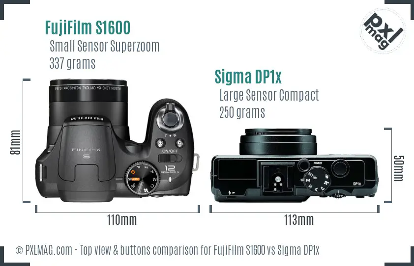 FujiFilm S1600 vs Sigma DP1x top view buttons comparison