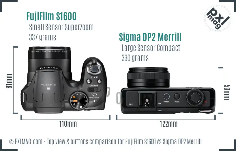 FujiFilm S1600 vs Sigma DP2 Merrill top view buttons comparison