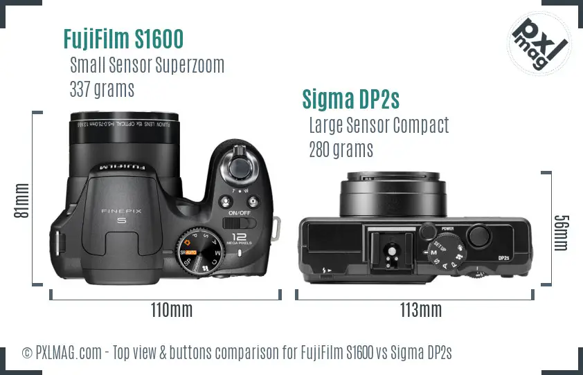 FujiFilm S1600 vs Sigma DP2s top view buttons comparison FujiFilm S1600 vs Sigma DP2s top view buttons comparison