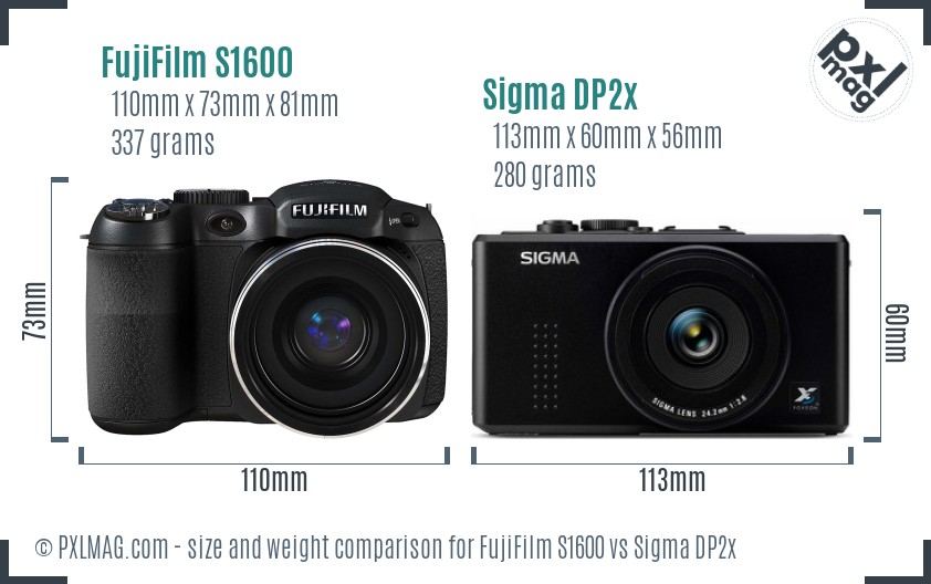 FujiFilm S1600 vs Sigma DP2x size comparison