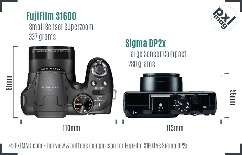 FujiFilm S1600 vs Sigma DP2x top view buttons comparison