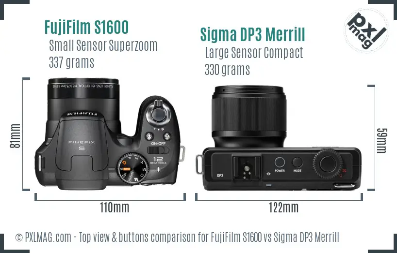 FujiFilm S1600 vs Sigma DP3 Merrill top view buttons comparison