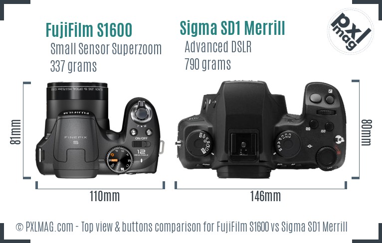 FujiFilm S1600 vs Sigma SD1 Merrill top view buttons comparison