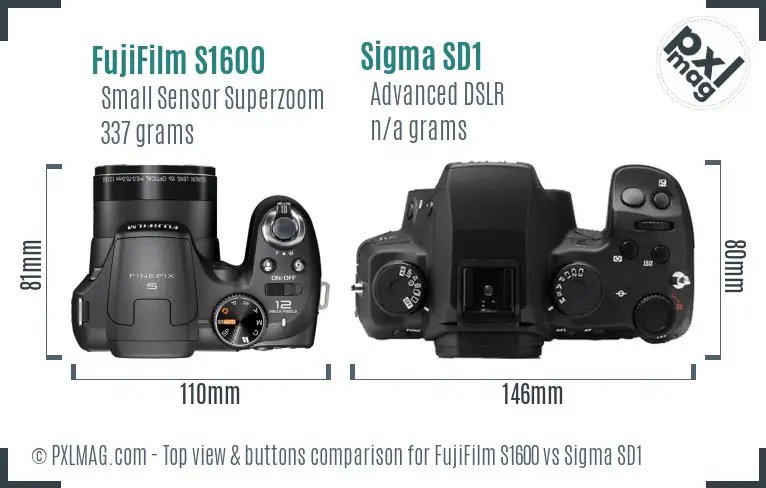 FujiFilm S1600 vs Sigma SD1 top view buttons comparison