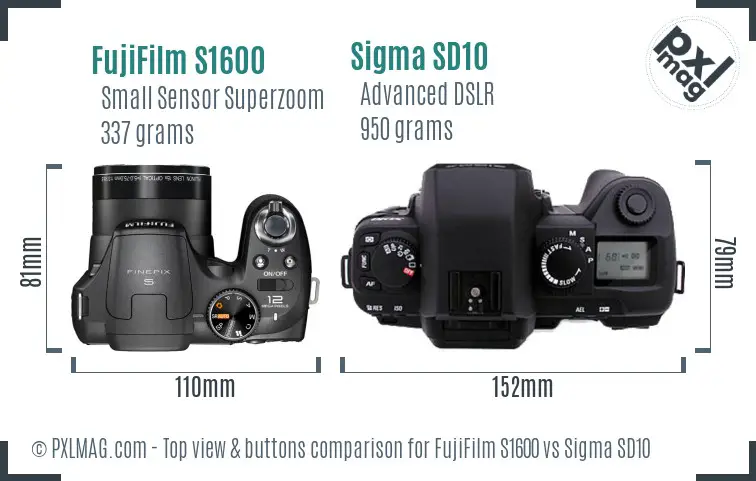 FujiFilm S1600 vs Sigma SD10 top view buttons comparison FujiFilm S1600 vs Sigma SD10 top view buttons comparison