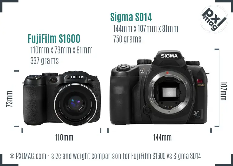 FujiFilm S1600 vs Sigma SD14 size comparison