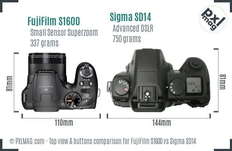 FujiFilm S1600 vs Sigma SD14 top view buttons comparison