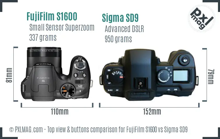 FujiFilm S1600 vs Sigma SD9 top view buttons comparison