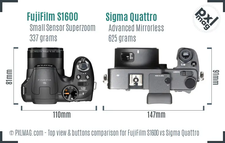 FujiFilm S1600 vs Sigma Quattro top view buttons comparison