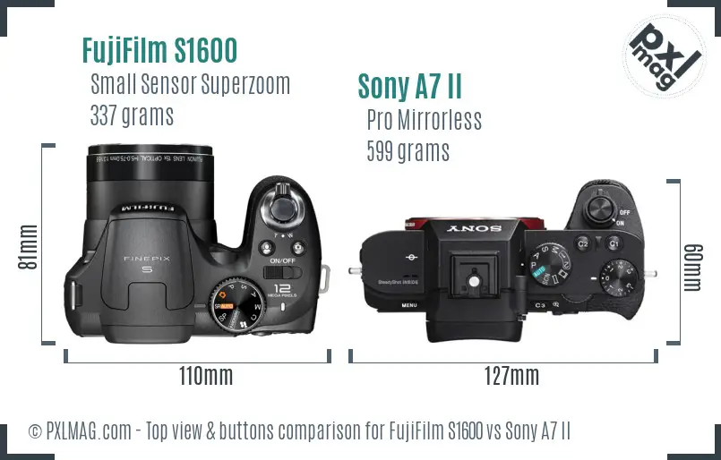 FujiFilm S1600 vs Sony A7 II top view buttons comparison