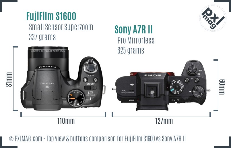 FujiFilm S1600 vs Sony A7R II top view buttons comparison
