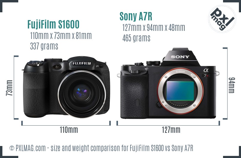 FujiFilm S1600 vs Sony A7R size comparison