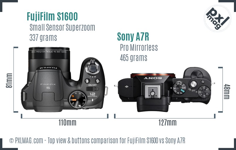 FujiFilm S1600 vs Sony A7R top view buttons comparison