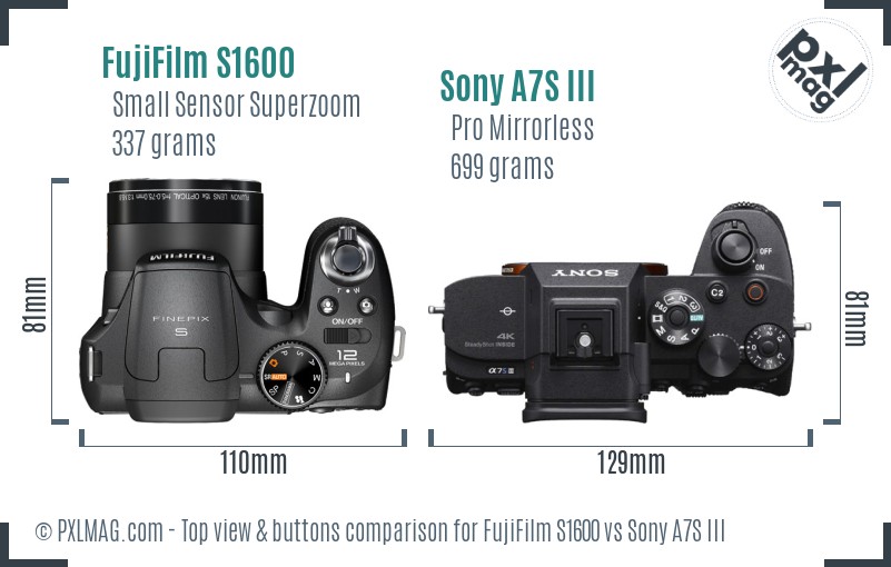 FujiFilm S1600 vs Sony A7S III top view buttons comparison