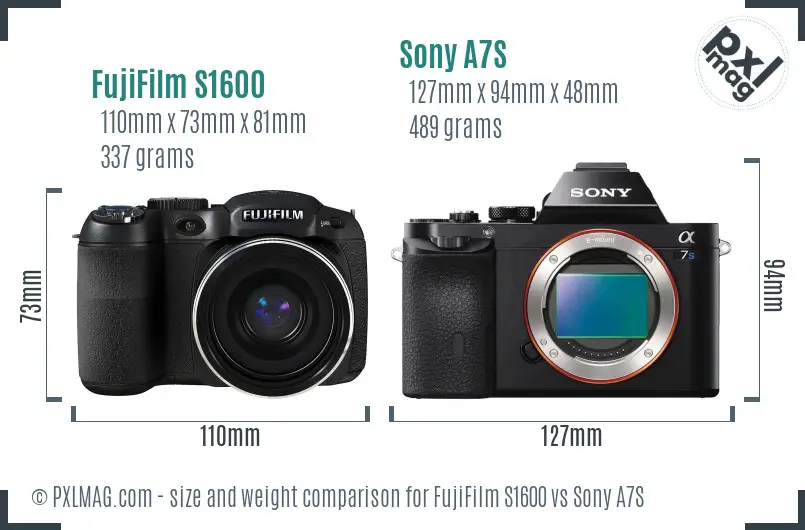 FujiFilm S1600 vs Sony A7S size comparison