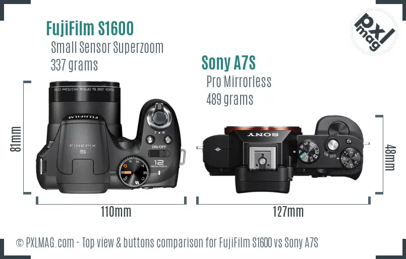 FujiFilm S1600 vs Sony A7S top view buttons comparison