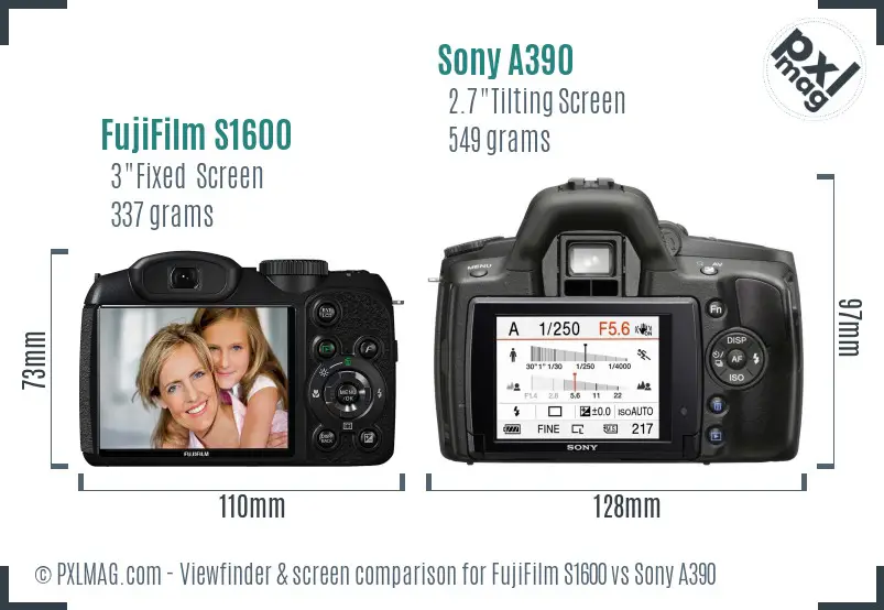 FujiFilm S1600 vs Sony A390 Screen and Viewfinder comparison FujiFilm S1600 vs Sony A390 Screen and Viewfinder comparison