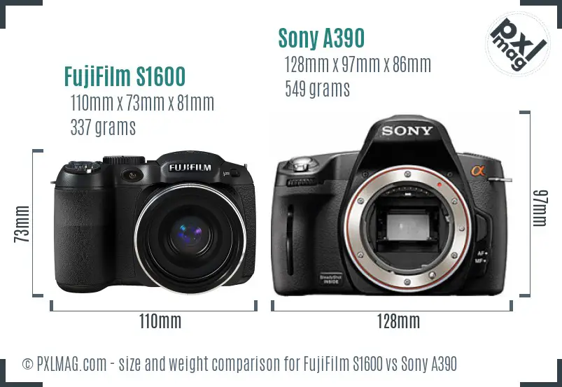 FujiFilm S1600 vs Sony A390 size comparison FujiFilm S1600 vs Sony A390 size comparison