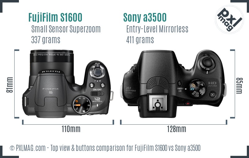 FujiFilm S1600 vs Sony a3500 top view buttons comparison