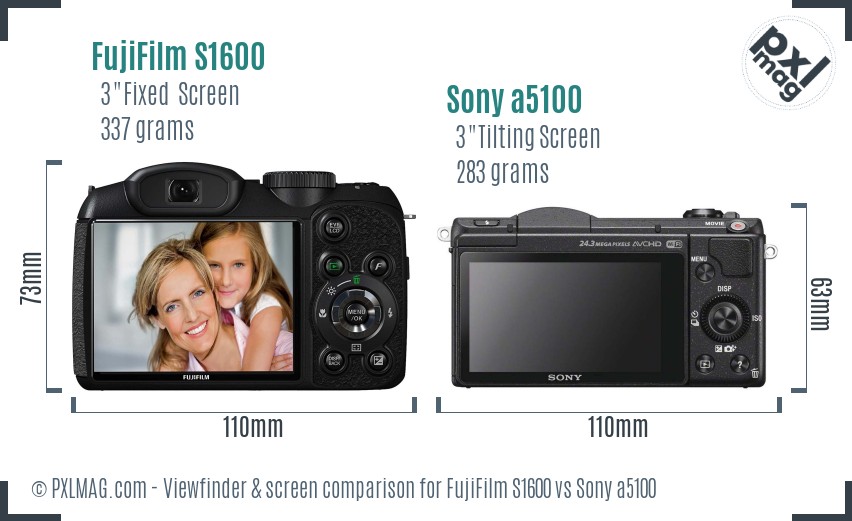 FujiFilm S1600 vs Sony a5100 Screen and Viewfinder comparison