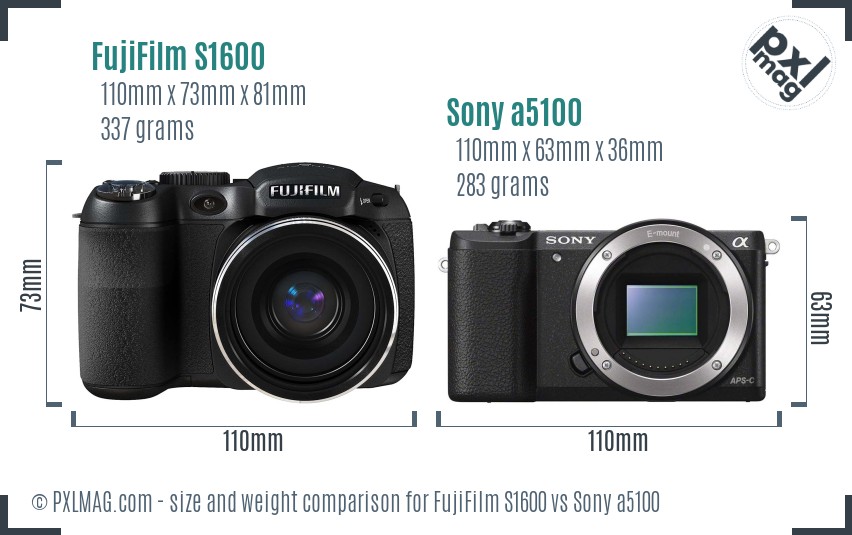 FujiFilm S1600 vs Sony a5100 size comparison