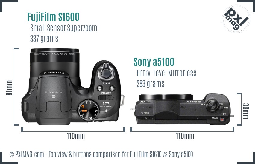 FujiFilm S1600 vs Sony a5100 top view buttons comparison