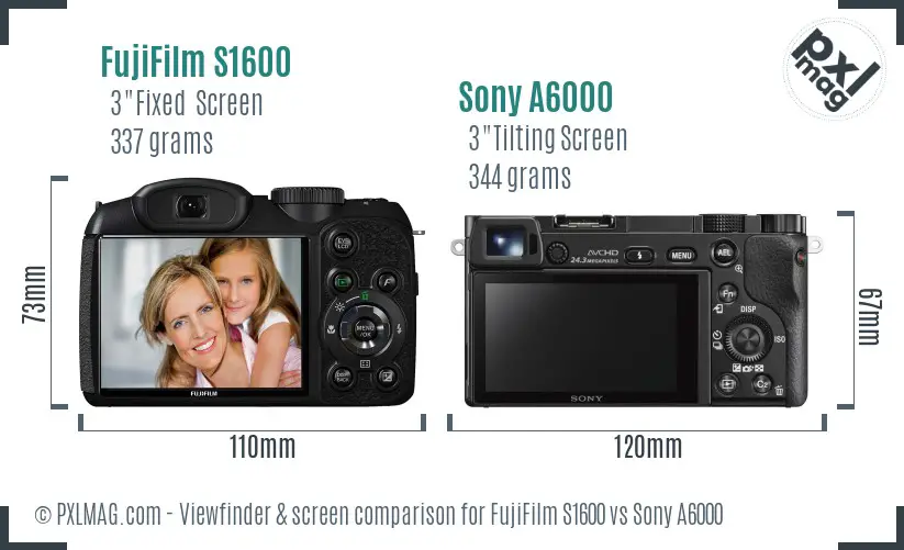 FujiFilm S1600 vs Sony A6000 Screen and Viewfinder comparison