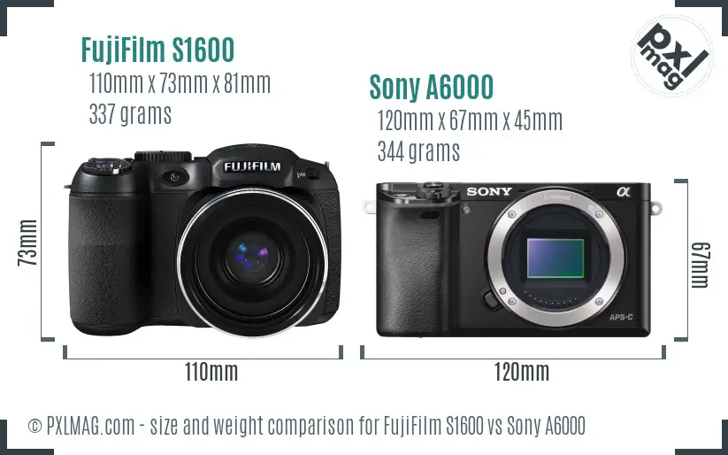 FujiFilm S1600 vs Sony A6000 size comparison