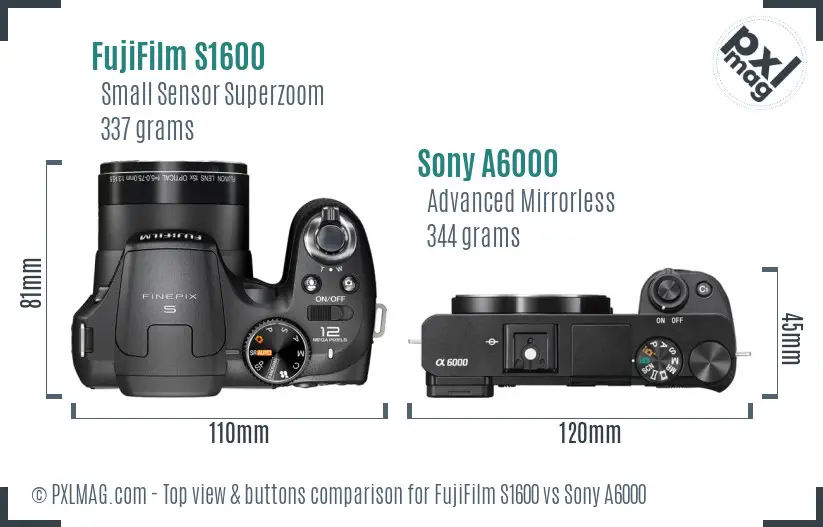 FujiFilm S1600 vs Sony A6000 top view buttons comparison