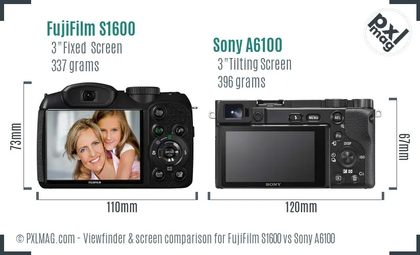 FujiFilm S1600 vs Sony A6100 Screen and Viewfinder comparison