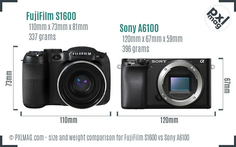 FujiFilm S1600 vs Sony A6100 size comparison