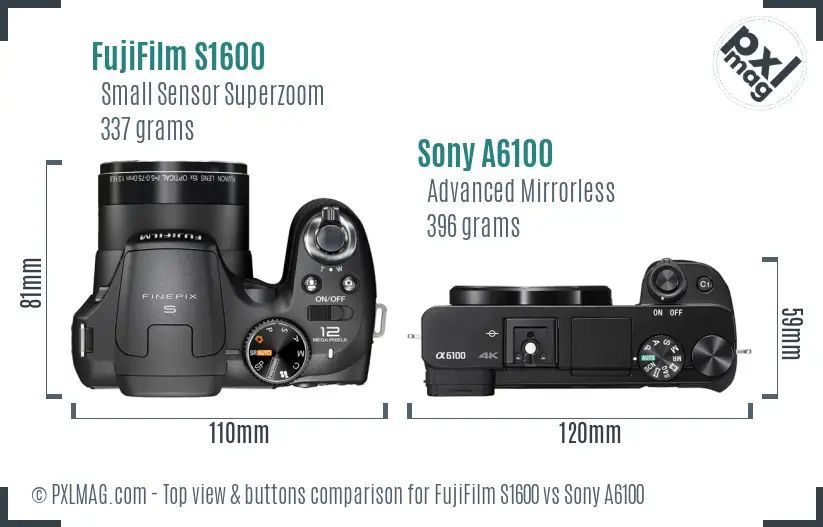 FujiFilm S1600 vs Sony A6100 top view buttons comparison