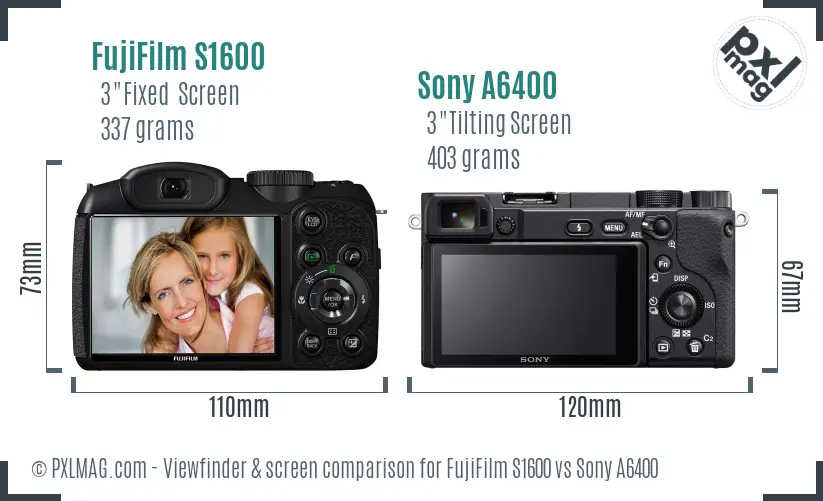 FujiFilm S1600 vs Sony A6400 Screen and Viewfinder comparison