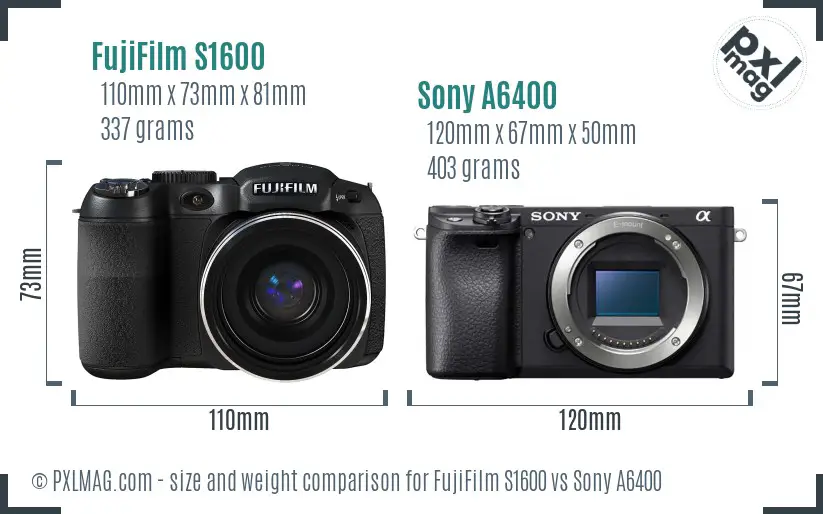 FujiFilm S1600 vs Sony A6400 size comparison