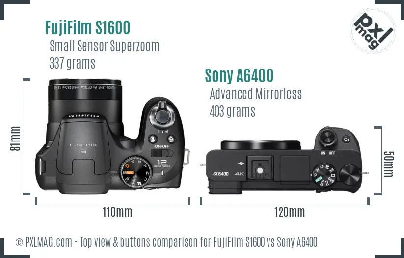 FujiFilm S1600 vs Sony A6400 top view buttons comparison
