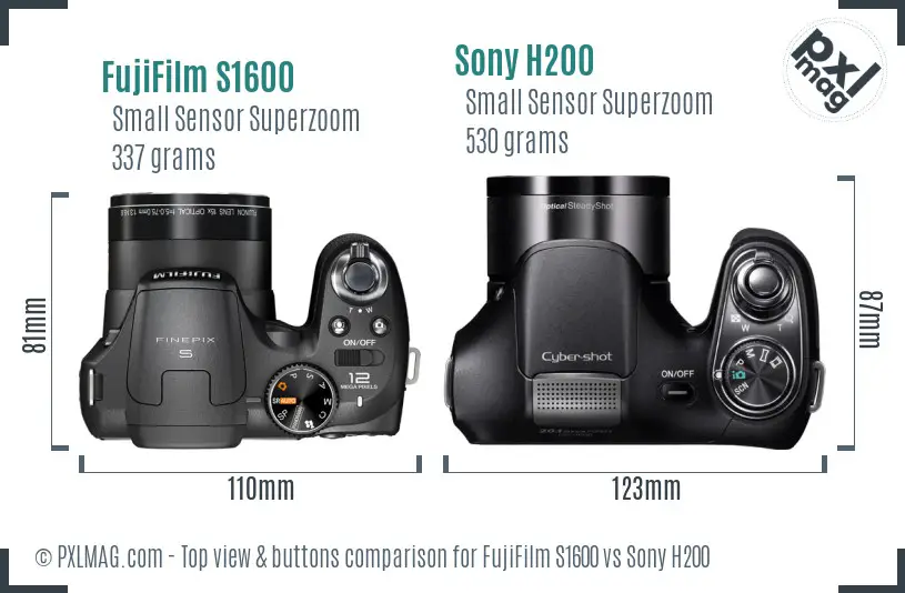 FujiFilm S1600 vs Sony H200 top view buttons comparison FujiFilm S1600 vs Sony H200 top view buttons comparison