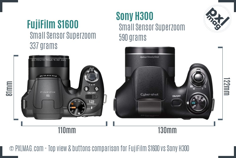 FujiFilm S1600 vs Sony H300 top view buttons comparison
