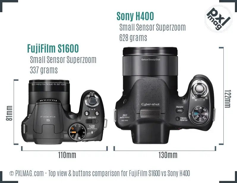 FujiFilm S1600 vs Sony H400 top view buttons comparison FujiFilm S1600 vs Sony H400 top view buttons comparison
