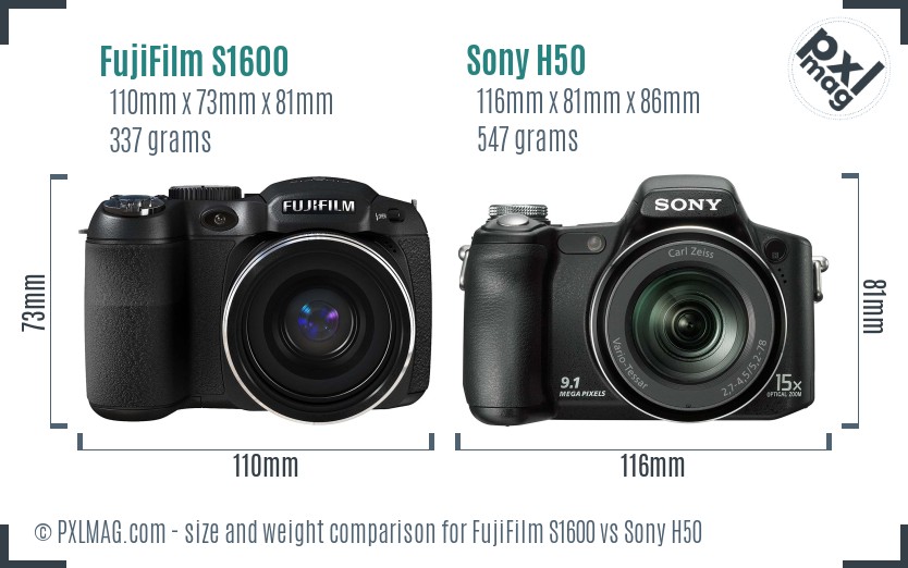 FujiFilm S1600 vs Sony H50 size comparison FujiFilm S1600 vs Sony H50 size comparison
