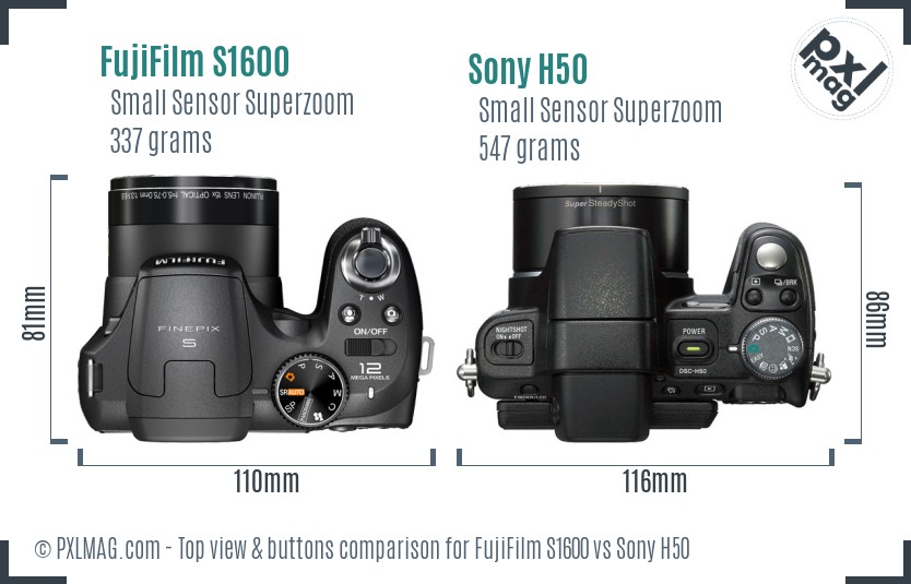 FujiFilm S1600 vs Sony H50 top view buttons comparison