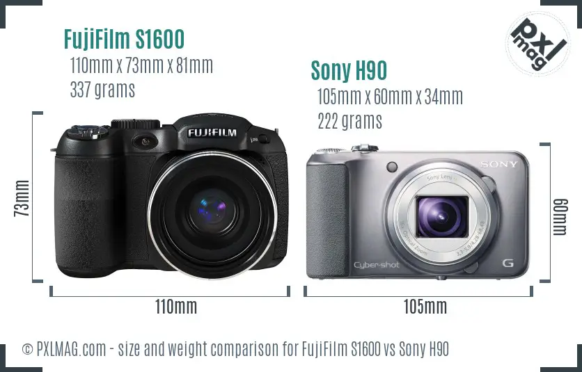 FujiFilm S1600 vs Sony H90 size comparison
