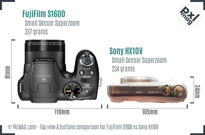 FujiFilm S1600 vs Sony HX10V top view buttons comparison