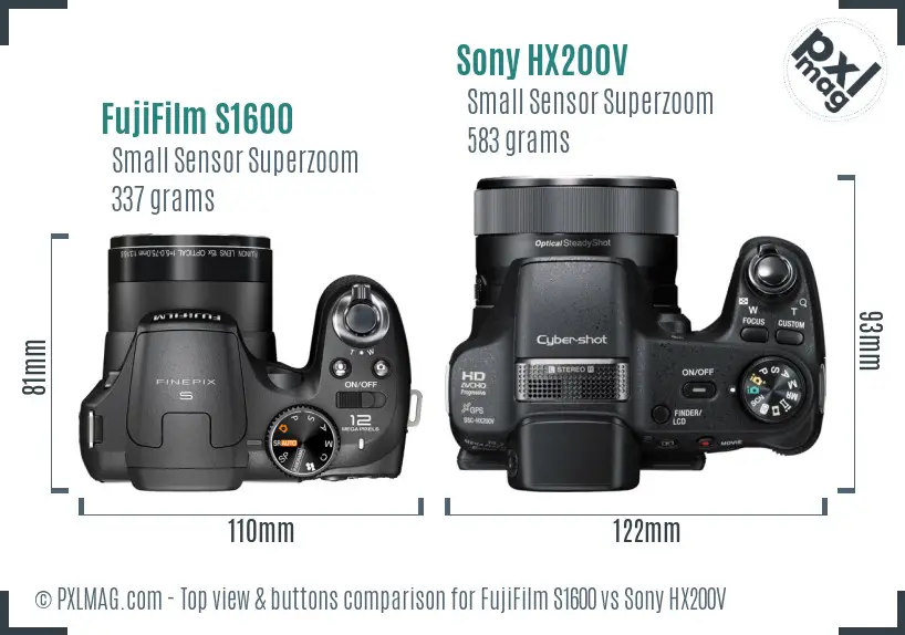 FujiFilm S1600 vs Sony HX200V top view buttons comparison FujiFilm S1600 vs Sony HX200V top view buttons comparison