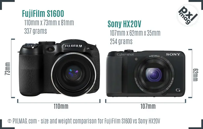 FujiFilm S1600 vs Sony HX20V size comparison