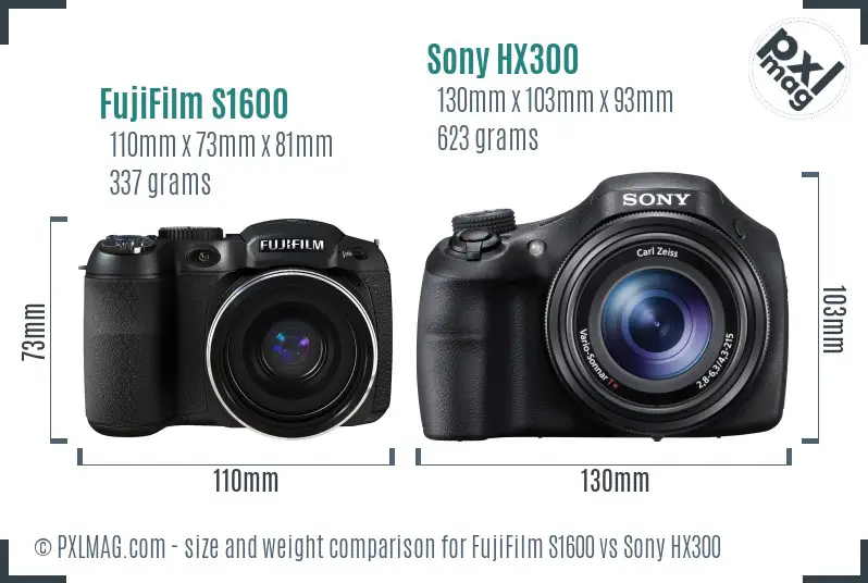 FujiFilm S1600 vs Sony HX300 size comparison