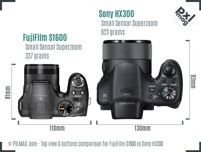 FujiFilm S1600 vs Sony HX300 top view buttons comparison
